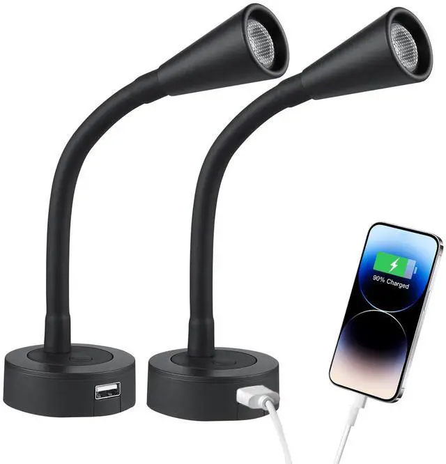 Main image of 12V LED Reading Light RV Dimmable Reading Lamp with USB Charger 12 Volt Flexible Neck Light for Boat Camper Van Trailer Interior Lighting, Hard-Wired Surface Mount, 2-Pack