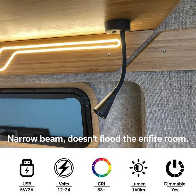 Alt view image 4 of 7 - 12V LED Reading Light RV Dimmable Reading Lamp with USB Charger 12 Volt Flexible Neck Light for Boat Camper Van Trailer Interior Lighting, Hard-Wired Surface Mount, 2-Pack