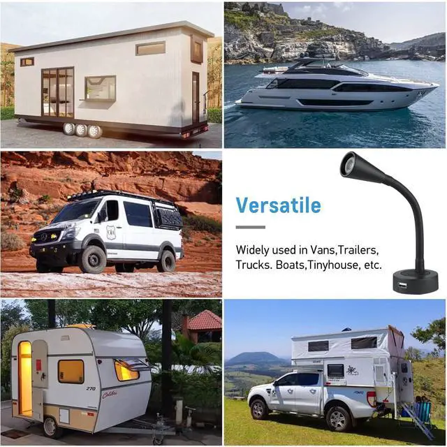 Alt view image 6 of 7 - 12V LED Reading Light RV Dimmable Reading Lamp with USB Charger 12 Volt Flexible Neck Light for Boat Camper Van Trailer Interior Lighting, Hard-Wired Surface Mount, 2-Pack