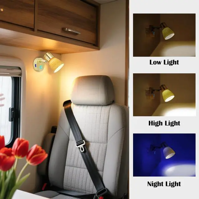 Alt view image 2 of 6 - 2 Pk Small 12V Boat Reading Light with USB Port Marine Brass Cabin Bedside LED Lamp Dimmable Touch Switch Install Indoor RV Camper Caravan Motorhome Bedroom Wall Light Adjustable