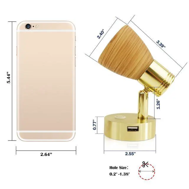 Alt view image 4 of 6 - 2 Pk Small 12V Boat Reading Light with USB Port Marine Brass Cabin Bedside LED Lamp Dimmable Touch Switch Install Indoor RV Camper Caravan Motorhome Bedroom Wall Light Adjustable