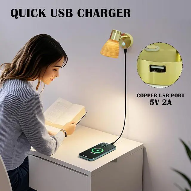 Alt view image 3 of 6 - 2 Pk Small 12V Boat Reading Light with USB Port Marine Brass Cabin Bedside LED Lamp Dimmable Touch Switch Install Indoor RV Camper Caravan Motorhome Bedroom Wall Light Adjustable