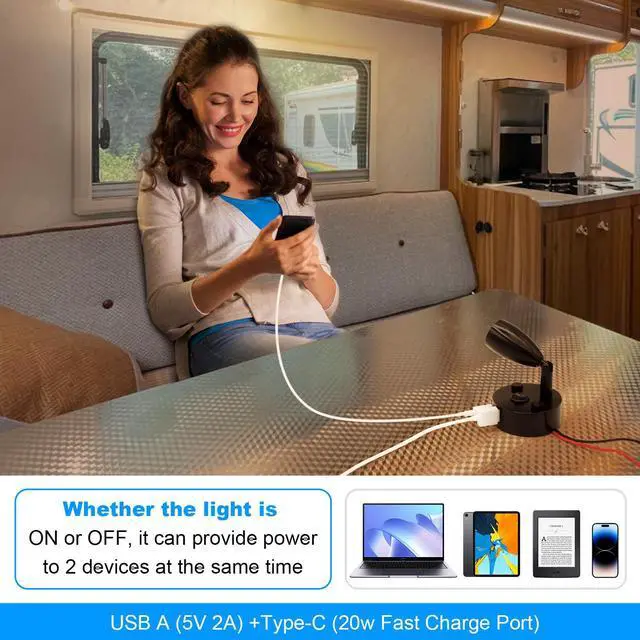 Alt view image 3 of 7 - 2-PCS RV Reading Lights 12V Interior with USB-A & USB-C Charging Ports, Rotatable Camper LED Light Fixture, RV Bedside Light for Motorhome, Camper, Travel Traile, Boat and Van