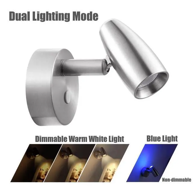Alt view image 2 of 7 - RV Reading Light 12V Swivel LED Spotlight with Quick USB Charger & Blue Nightlight, Camper Van Travel Trailer Bedroom Reading Light,3-1/2" Length,12-24VDC Hard-Wired (Brushed Nickel)