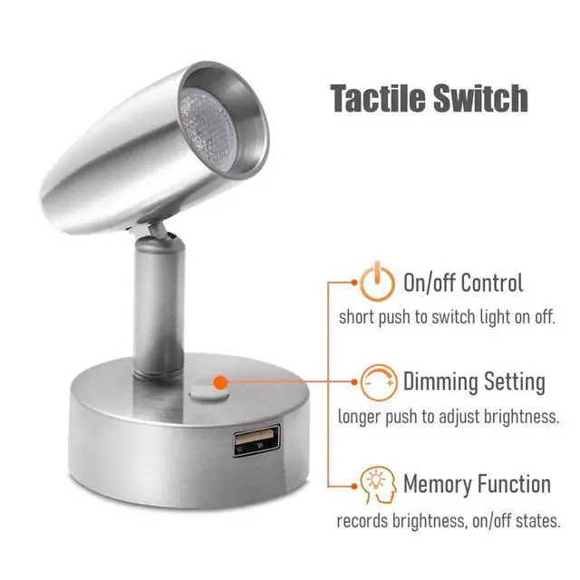 Alt view image 4 of 7 - RV Reading Light 12V Swivel LED Spotlight with Quick USB Charger & Blue Nightlight, Camper Van Travel Trailer Bedroom Reading Light,3-1/2" Length,12-24VDC Hard-Wired (Brushed Nickel)