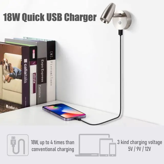 Alt view image 3 of 7 - RV Reading Light 12V Swivel LED Spotlight with Quick USB Charger & Blue Nightlight, Camper Van Travel Trailer Bedroom Reading Light,3-1/2" Length,12-24VDC Hard-Wired (Brushed Nickel)