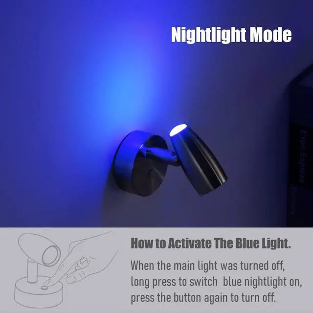 Alt view image 5 of 7 - RV Reading Light 12V Swivel LED Spotlight with Quick USB Charger & Blue Nightlight, Camper Van Travel Trailer Bedroom Reading Light,3-1/2" Length,12-24VDC Hard-Wired (Brushed Nickel)