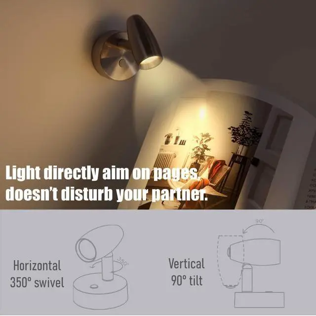 Alt view image 6 of 7 - RV Reading Light 12V Swivel LED Spotlight with Quick USB Charger & Blue Nightlight, Camper Van Travel Trailer Bedroom Reading Light,3-1/2" Length,12-24VDC Hard-Wired (Brushed Nickel)
