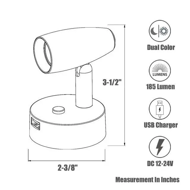 Alt view image 7 of 7 - RV Reading Light 12V Swivel LED Spotlight with Quick USB Charger & Blue Nightlight, Camper Van Travel Trailer Bedroom Reading Light,3-1/2" Length,12-24VDC Hard-Wired (Brushed Nickel)