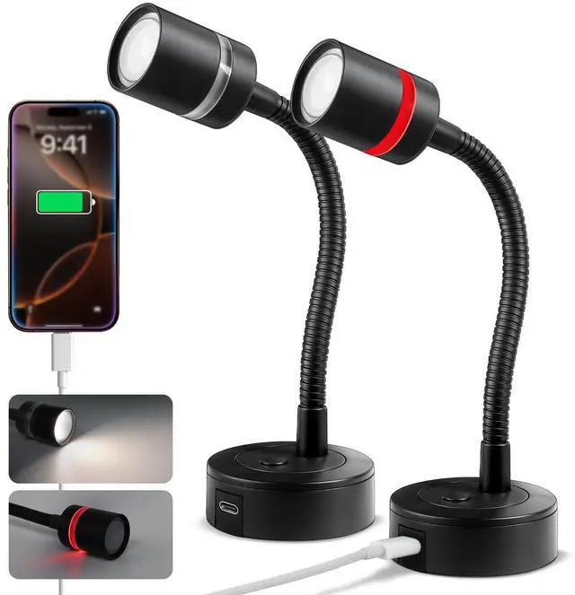 Main image of 12V LED Reading Light, RV Dimmable Reading Lamp with 20W USB-C Charger Red Nightlight & Steel Flexible Neck Light for Boat Camper Van Trailer Interior, Surface Mount, 2-Pack (Standard)