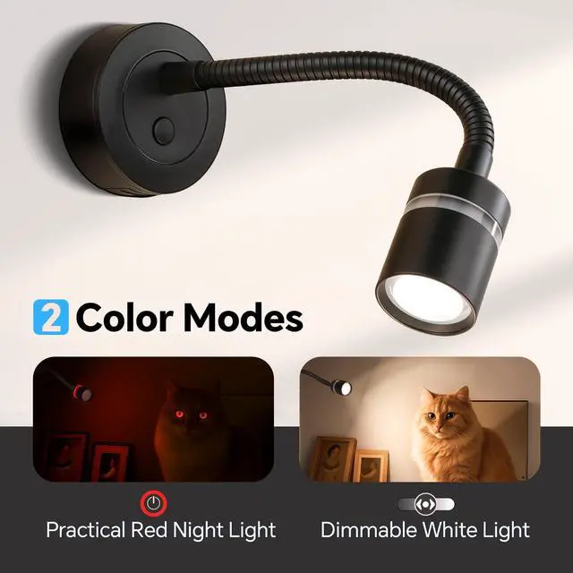Alt view image 2 of 7 - 12V LED Reading Light, RV Dimmable Reading Lamp with 20W USB-C Charger Red Nightlight & Steel Flexible Neck Light for Boat Camper Van Trailer Interior, Surface Mount, 2-Pack (Standard)