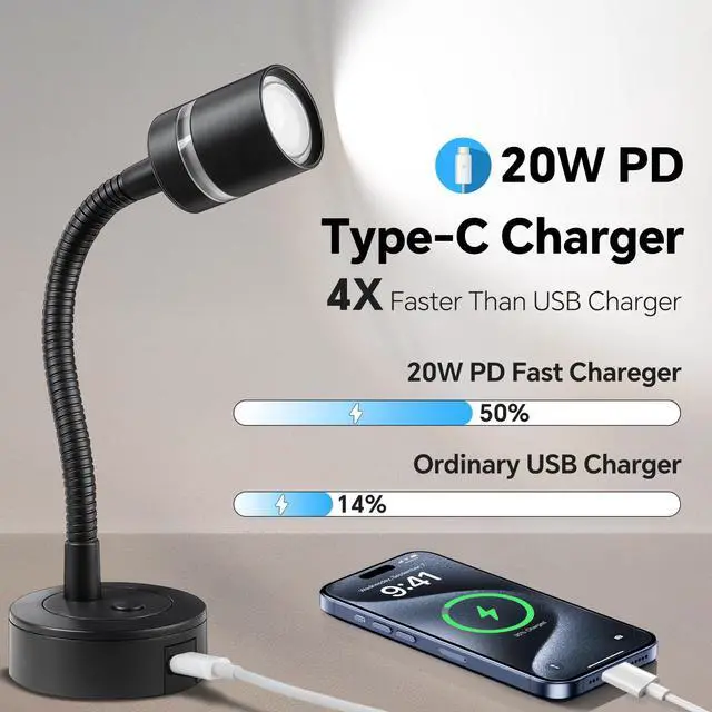 Alt view image 4 of 7 - 12V LED Reading Light, RV Dimmable Reading Lamp with 20W USB-C Charger Red Nightlight & Steel Flexible Neck Light for Boat Camper Van Trailer Interior, Surface Mount, 2-Pack (Standard)