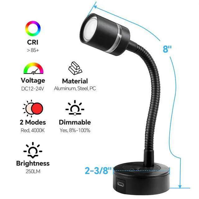 Alt view image 6 of 7 - 12V LED Reading Light, RV Dimmable Reading Lamp with 20W USB-C Charger Red Nightlight & Steel Flexible Neck Light for Boat Camper Van Trailer Interior, Surface Mount, 2-Pack (Standard)