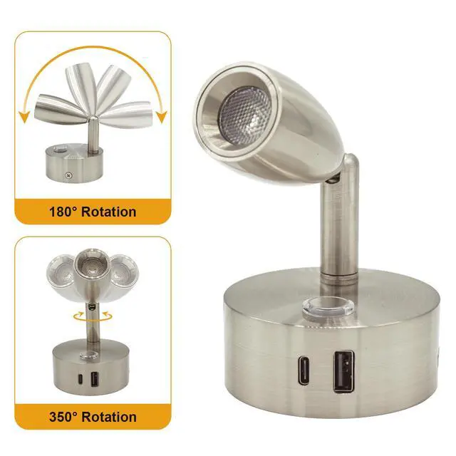 Alt view image 2 of 6 - 12V LED Reading Light with Dual Charging Ports, Touch Control Dimmable RV Light Interior 12 Volt Bedside Fixture for Camper Boat Van Trailer and Motorhome