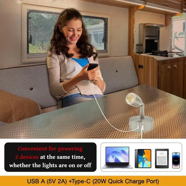 Alt view image 5 of 6 - 12V LED Reading Light with Dual Charging Ports, Touch Control Dimmable RV Light Interior 12 Volt Bedside Fixture for Camper Boat Van Trailer and Motorhome