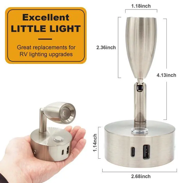 Alt view image 4 of 6 - 12V LED Reading Light with Dual Charging Ports, Touch Control Dimmable RV Light Interior 12 Volt Bedside Fixture for Camper Boat Van Trailer and Motorhome