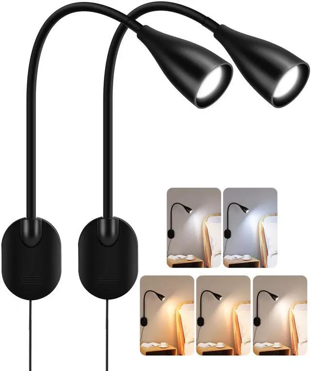 Main image of Wall-Mounted LED Bedside Reading Light with USB Charging Port, 10-Level Dimmable & Adjustable 5 Color, Plug-in Adhesive Night Lamp for Books in Bed, Eye-Caring Bedroom Lighting (Black 2 Pack)