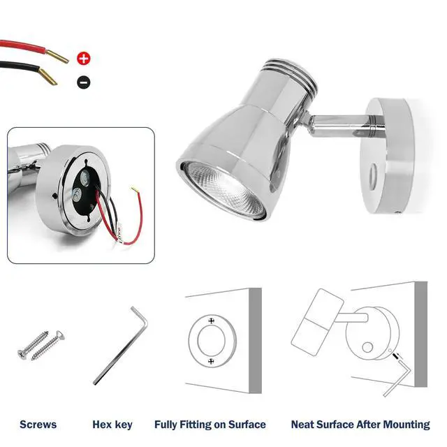 Alt view image 5 of 7 - 3W RV Stepless Dimmable Reading Light for Boat 12V Interior Lights Camper Caravan Vehicle Motorhome Bedside Lamp DC 10-30V Warm White, Polished Chrome, with Built-in Touch Switch