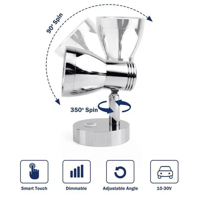 Alt view image 6 of 7 - 3W RV Stepless Dimmable Reading Light for Boat 12V Interior Lights Camper Caravan Vehicle Motorhome Bedside Lamp DC 10-30V Warm White, Polished Chrome, with Built-in Touch Switch