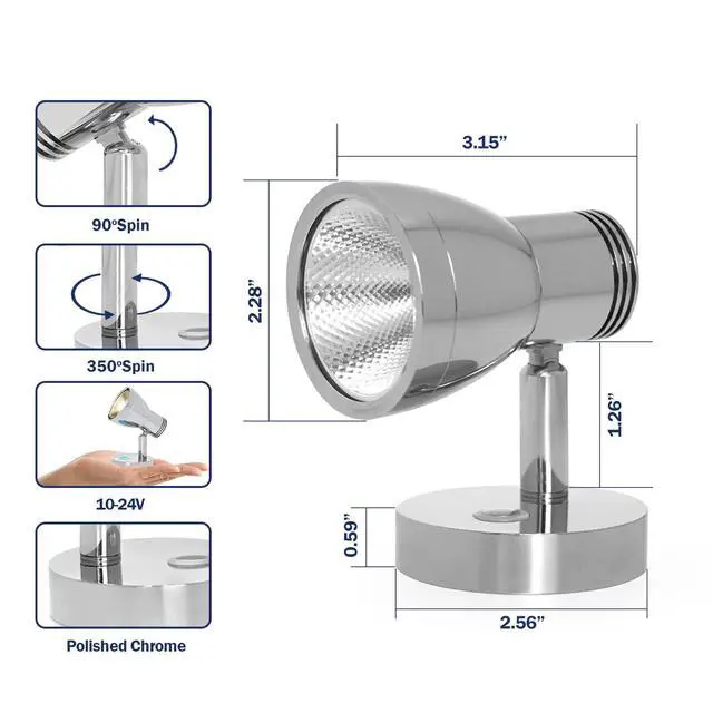 Alt view image 7 of 7 - 3W RV Stepless Dimmable Reading Light for Boat 12V Interior Lights Camper Caravan Vehicle Motorhome Bedside Lamp DC 10-30V Warm White, Polished Chrome, with Built-in Touch Switch