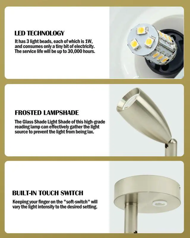 Alt view image 2 of 7 - 12V RV Reading Light Boat Camper Trailer Motorhome Interior Lighting Bedroom Bedside Spotlight 3W Warm White, Brushed Nickel, with Blue Small Reminder Light Dimmer Touch Switch DC 10-30V,2 Pack