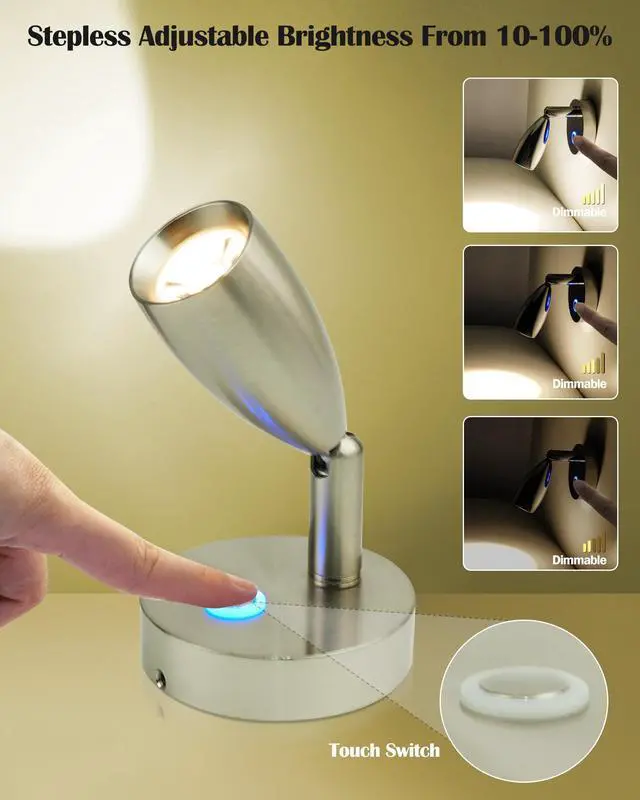 Alt view image 3 of 7 - 12V RV Reading Light Boat Camper Trailer Motorhome Interior Lighting Bedroom Bedside Spotlight 3W Warm White, Brushed Nickel, with Blue Small Reminder Light Dimmer Touch Switch DC 10-30V,2 Pack