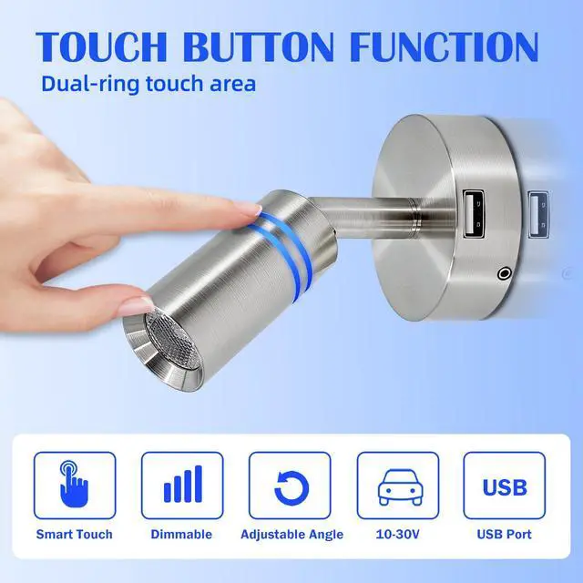 Alt view image 6 of 7 - 12V Interior LED RV Reading Lamp with 5V USB Port - Built-in Touch Switch, Dimmable Brightness, Surface Mounted on Wall Headboard of Boat Camper Van Travel Trailer Truck Cars Interior Light