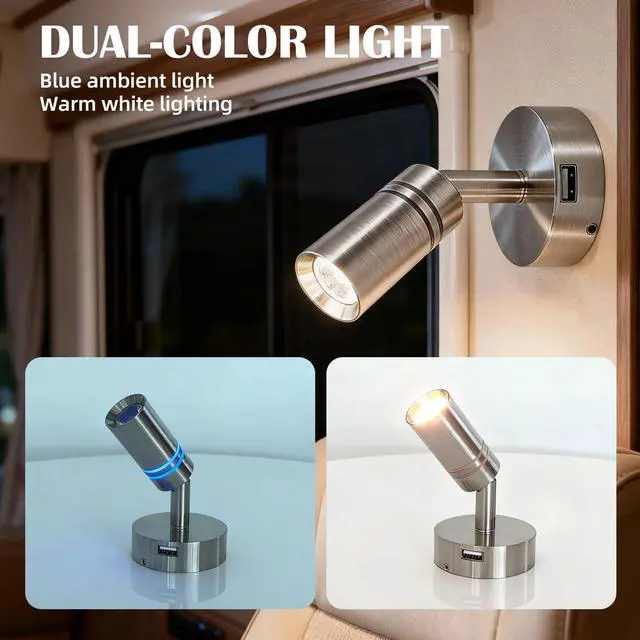 Alt view image 7 of 7 - 12V Interior LED RV Reading Lamp with 5V USB Port - Built-in Touch Switch, Dimmable Brightness, Surface Mounted on Wall Headboard of Boat Camper Van Travel Trailer Truck Cars Interior Light