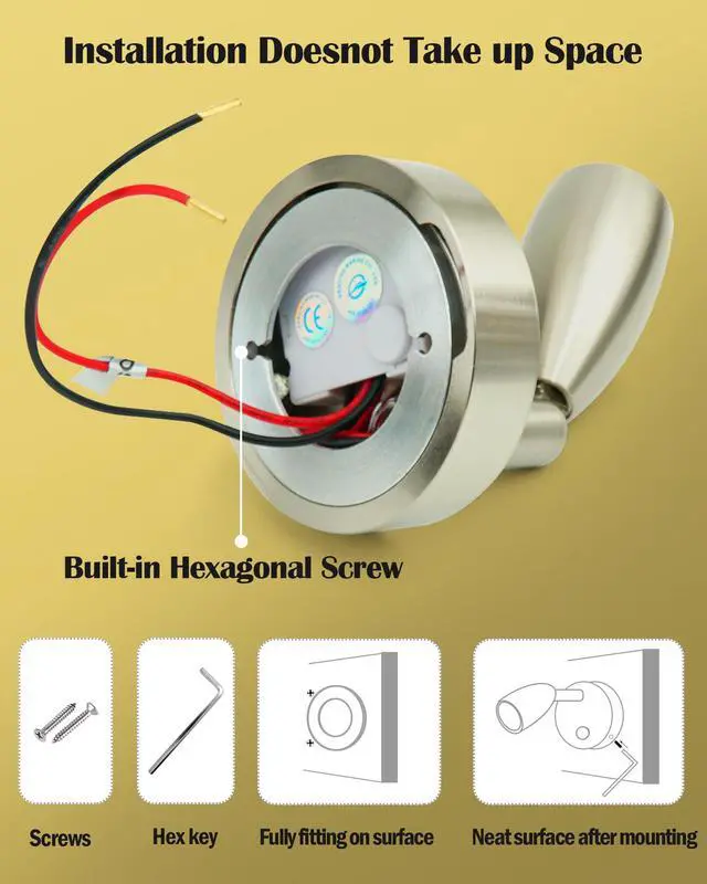 Alt view image 5 of 7 - 12V RV Reading Light Boat Camper Trailer Motorhome Interior Lighting Bedroom Bedside Spotlight 3W Warm White, Brushed Nickel, with Blue Small Reminder Light Dimmer Touch Switch DC 10-30V,2 Pack