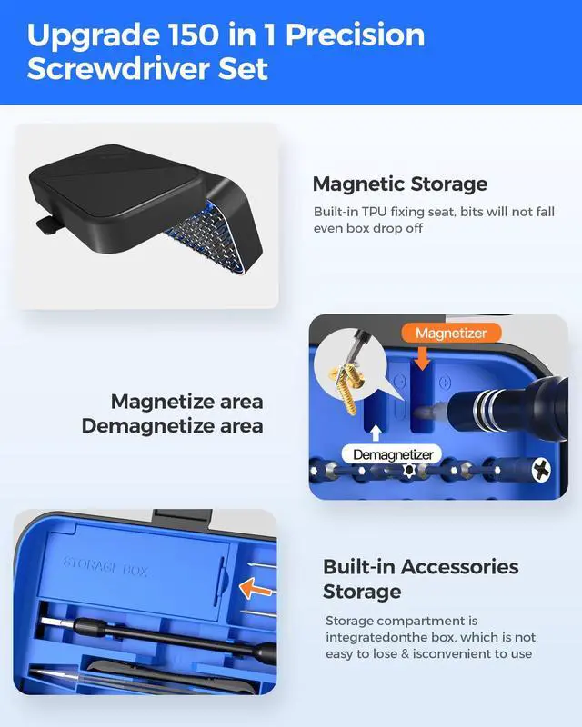 Alt view image 4 of 7 - Precision Screwdriver Set, 150 in 1 Electronics Tool Kit with 120 Bits Magnetic Screwdriver Set & 30-Bit Magnetic Set Handy Repair Tool for Computer Phone Watch Camera Laptop, Blue