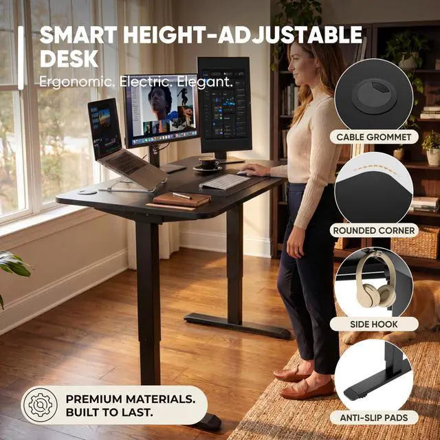 Alt view image 3 of 7 - 55 x 24 Inches Electric Height Adjustable Standing Desk Large Sit Stand Up Desk Home Office Computer Desk Memory Preset with T-Shaped Metal Bracket, Black