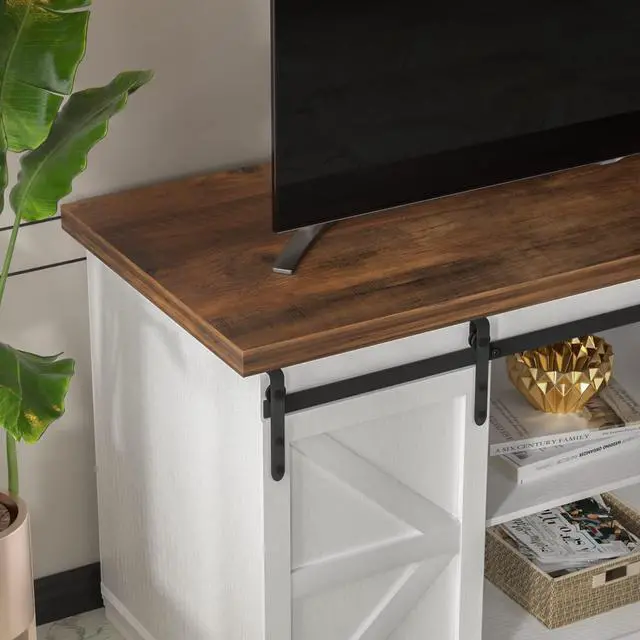 Alt view image 2 of 7 - TV Stand for 65 Inch TV, Entertainment Center with Storage Cabinets and Sliding Barn Doors, Mid Century Modern Media TV Console Table for Living Room Bedroom (Bright White)