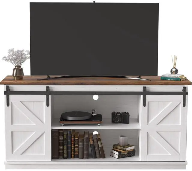 Main image of TV Stand for 65 Inch TV, Entertainment Center with Storage Cabinets and Sliding Barn Doors, Mid Century Modern Media TV Console Table for Living Room Bedroom (Bright White)