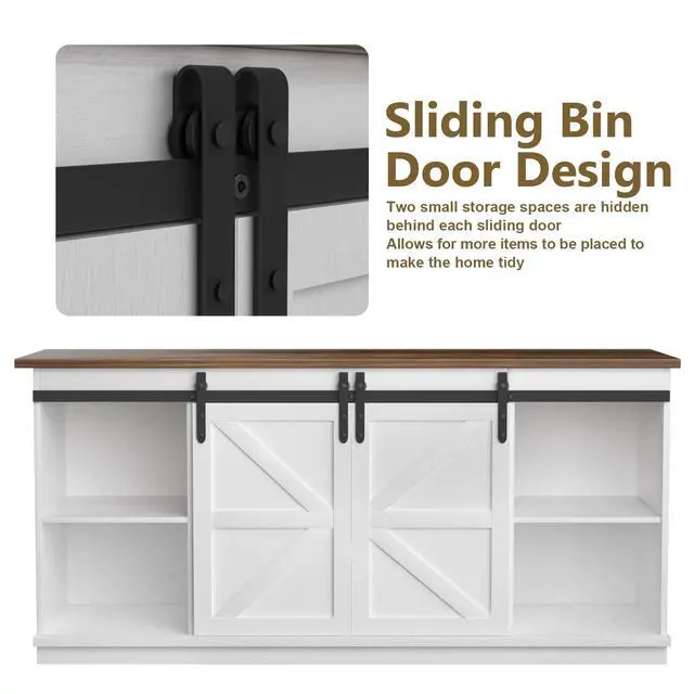 Alt view image 4 of 7 - TV Stand for 65 Inch TV, Entertainment Center with Storage Cabinets and Sliding Barn Doors, Mid Century Modern Media TV Console Table for Living Room Bedroom (Bright White)