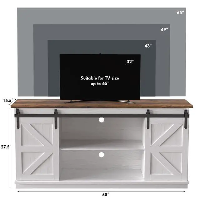 Alt view image 5 of 7 - TV Stand for 65 Inch TV, Entertainment Center with Storage Cabinets and Sliding Barn Doors, Mid Century Modern Media TV Console Table for Living Room Bedroom (Bright White)