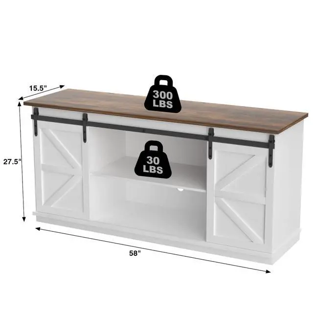 Alt view image 7 of 7 - TV Stand for 65 Inch TV, Entertainment Center with Storage Cabinets and Sliding Barn Doors, Mid Century Modern Media TV Console Table for Living Room Bedroom (Bright White)