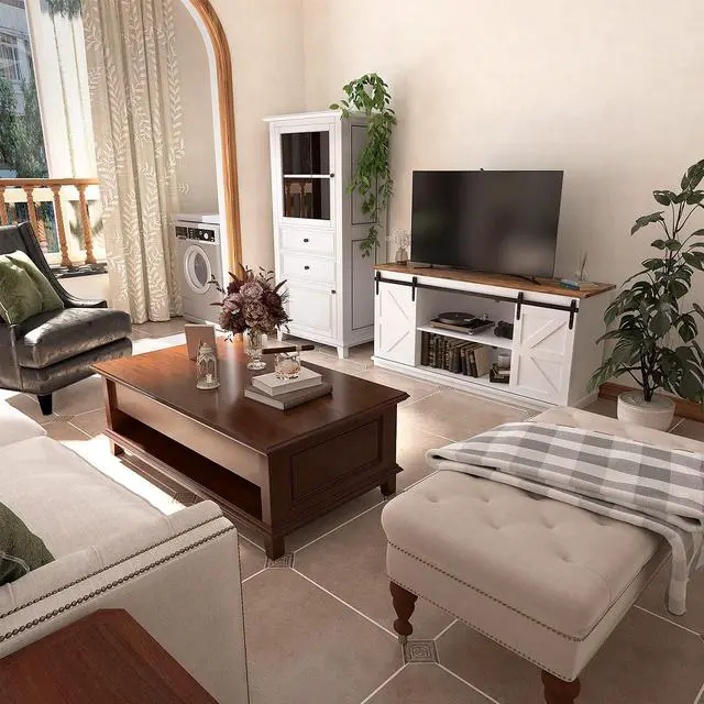Alt view image 6 of 7 - TV Stand for 65 Inch TV, Entertainment Center with Storage Cabinets and Sliding Barn Doors, Mid Century Modern Media TV Console Table for Living Room Bedroom (Bright White)