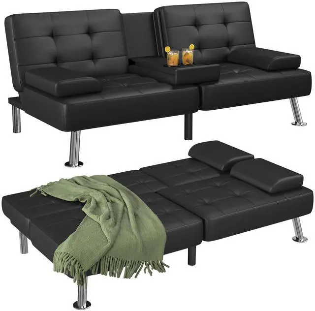 Main image of Futon Sofa Bed Modern Folding Futon Set Convertible Recliner Lounge for Living Room with 2 Cup Holders, Removable Armrests (PU Leather, Black)