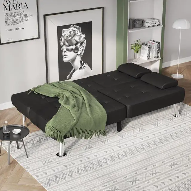 Alt view image 3 of 7 - Futon Sofa Bed Modern Folding Futon Set Convertible Recliner Lounge for Living Room with 2 Cup Holders, Removable Armrests (PU Leather, Black)