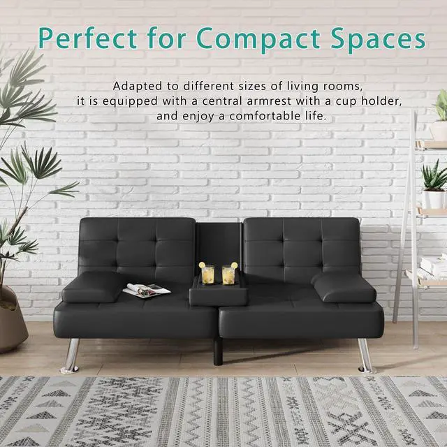 Alt view image 4 of 7 - Futon Sofa Bed Modern Folding Futon Set Convertible Recliner Lounge for Living Room with 2 Cup Holders, Removable Armrests (PU Leather, Black)