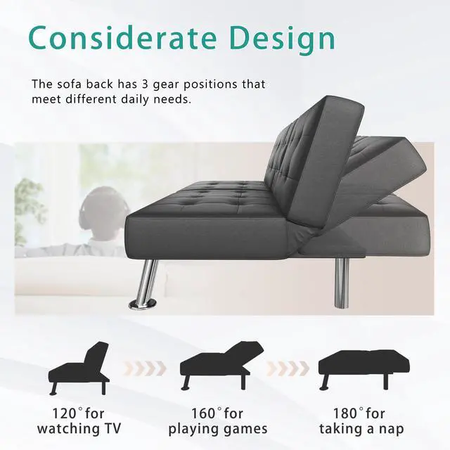 Alt view image 5 of 7 - Futon Sofa Bed Modern Folding Futon Set Convertible Recliner Lounge for Living Room with 2 Cup Holders, Removable Armrests (PU Leather, Black)