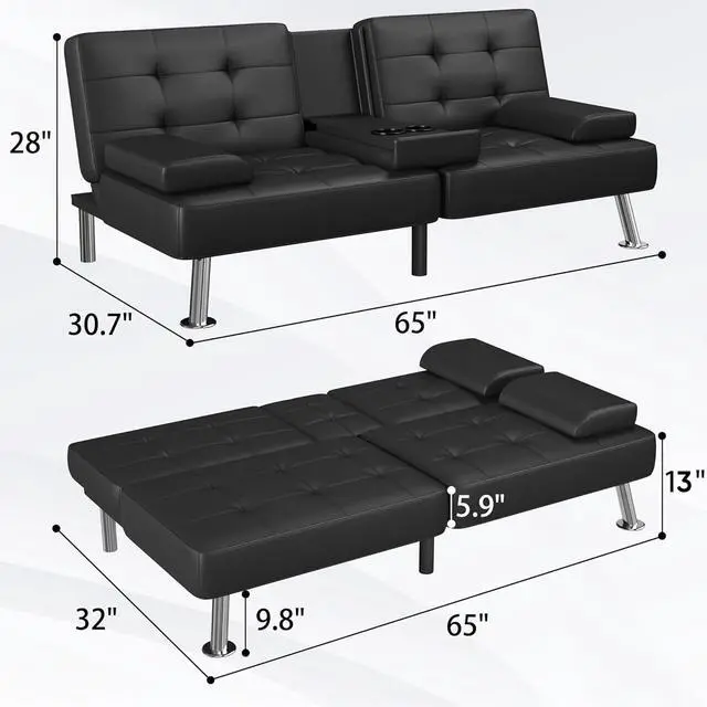 Alt view image 7 of 7 - Futon Sofa Bed Modern Folding Futon Set Convertible Recliner Lounge for Living Room with 2 Cup Holders, Removable Armrests (PU Leather, Black)