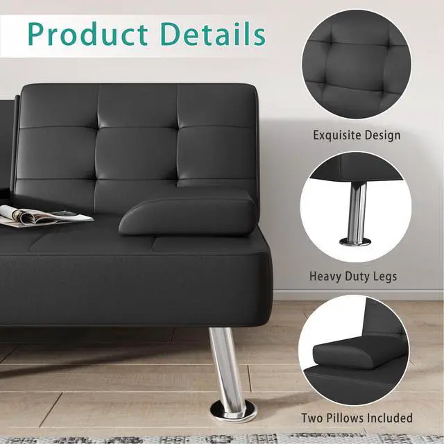 Alt view image 6 of 7 - Futon Sofa Bed Modern Folding Futon Set Convertible Recliner Lounge for Living Room with 2 Cup Holders, Removable Armrests (PU Leather, Black)