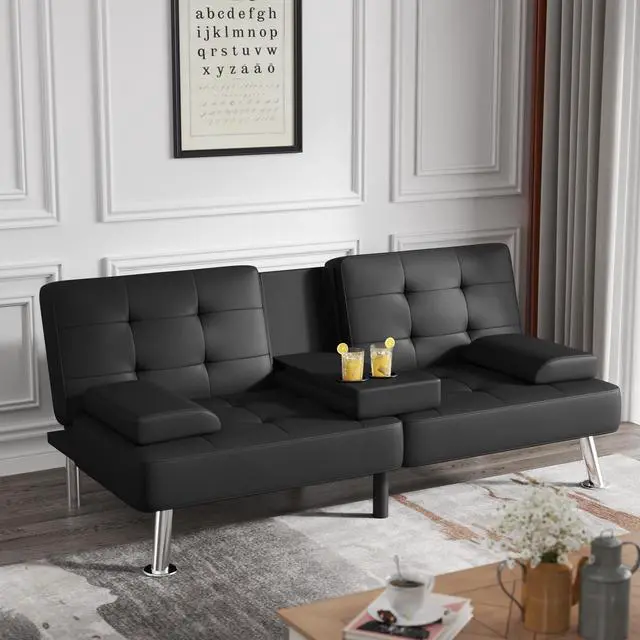 Alt view image 2 of 7 - Futon Sofa Bed Modern Folding Futon Set Convertible Recliner Lounge for Living Room with 2 Cup Holders, Removable Armrests (PU Leather, Black)