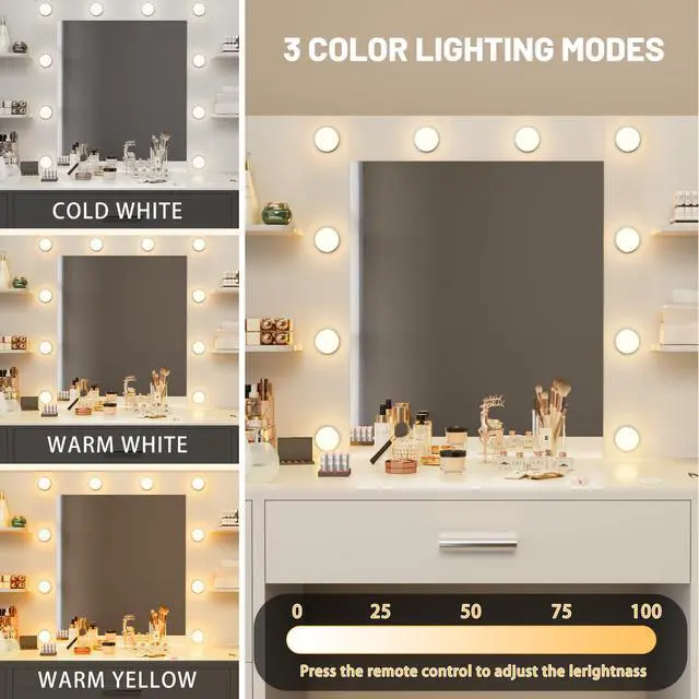 Alt view image 3 of 7 - Vanity Desk with Mirror, LED Lights and Power Outlet Makeup Vanity Table with 7 Drawers and 6 Storage Shelves Dressing Table for Bedroom Dressing Room (White)
