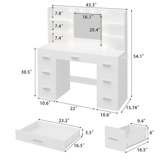 Alt view image 7 of 7 - Vanity Desk with Mirror, LED Lights and Power Outlet Makeup Vanity Table with 7 Drawers and 6 Storage Shelves Dressing Table for Bedroom Dressing Room (White)