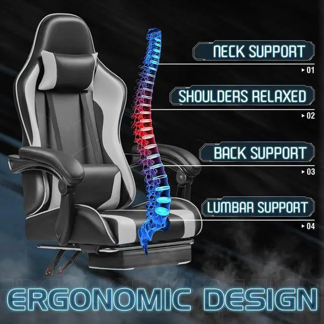Alt view image 4 of 6 - Gaming Chair, Video Game Chair with Footrest and Massage Lumbar Support, Ergonomic Computer Chair Height Adjustable with Swivel Seat and Headrest (White)