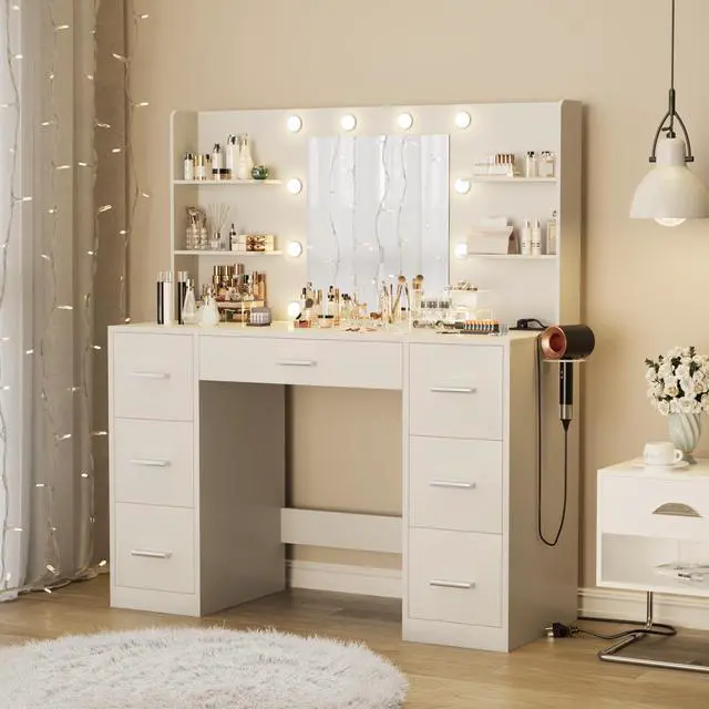 Alt view image 2 of 7 - Vanity Desk with Mirror, LED Lights and Power Outlet Makeup Vanity Table with 7 Drawers and 6 Storage Shelves Dressing Table for Bedroom Dressing Room (White)