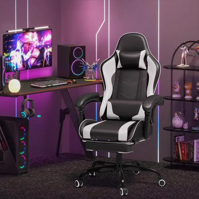 Alt view image 2 of 6 - Gaming Chair, Video Game Chair with Footrest and Massage Lumbar Support, Ergonomic Computer Chair Height Adjustable with Swivel Seat and Headrest (White)