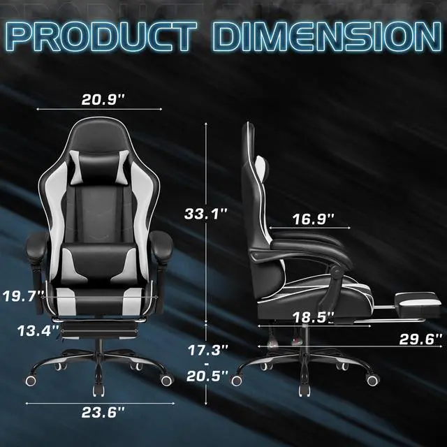 Alt view image 3 of 6 - Gaming Chair, Video Game Chair with Footrest and Massage Lumbar Support, Ergonomic Computer Chair Height Adjustable with Swivel Seat and Headrest (White)